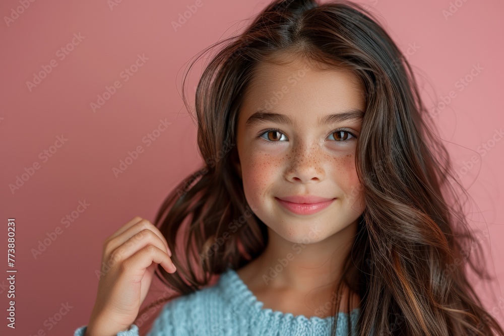 In the serene portrait, a pretty girl with long dark hair radiates happiness. In the serene portrait, a pretty girl with long dark hair radiates happiness.