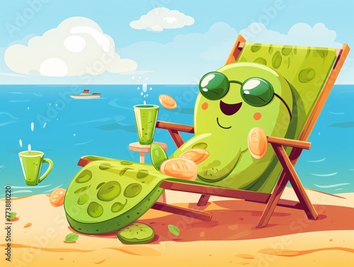 cartoon of a green creature on a beach chair