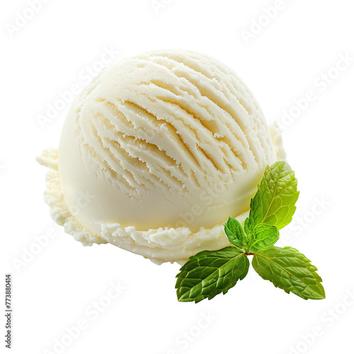 A scoop of gourmet vanilla ice cream with a mint leaf, isolated on transparent background © SRITE KHATUN
