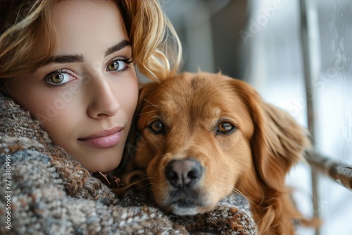 Portrait of a young woman with a dog at home near the window.