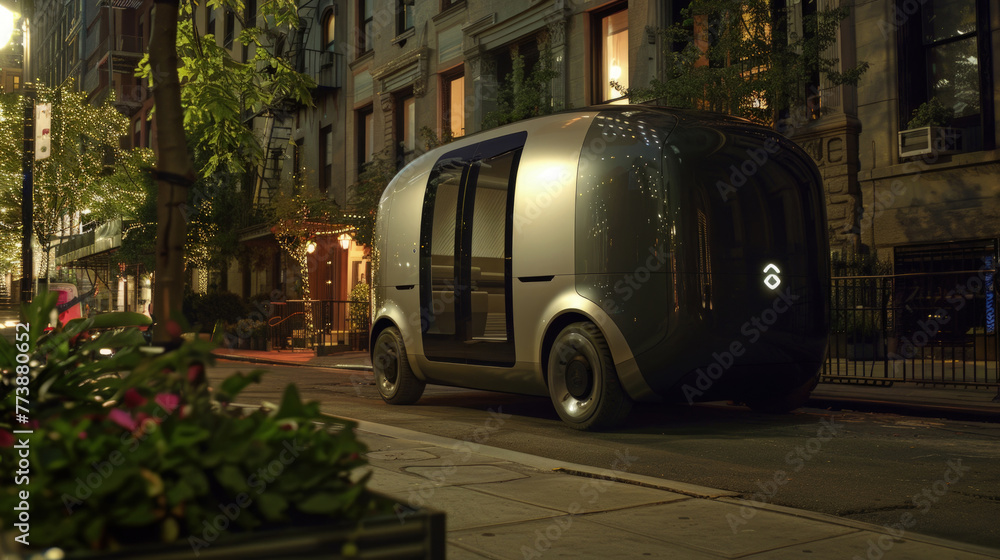 Sleek, advanced vehicle parked on the side of a modern city street, showcasing futuristic design and technology