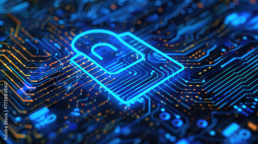 A computer chip with a lock placed on top, symbolizing data security and protection A computer chip with a lock placed on top, symbolizing data security and protection