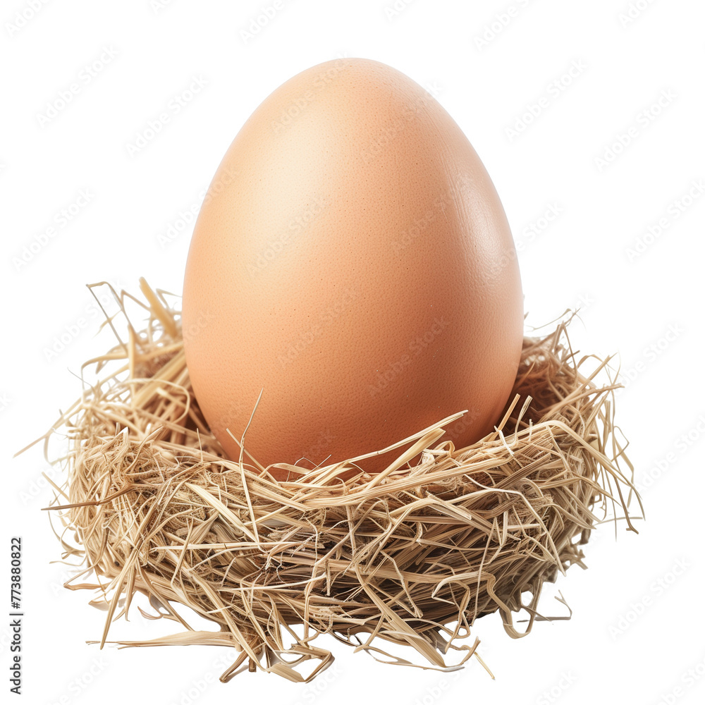 A single, pristine egg nestled in a nest of hay, capturing the natural start of a farm-fresh morning, isolated on transparent background A single, pristine egg nestled in a nest of hay, capturing the natural start of a farm-fresh morning, isolated on transparent background
