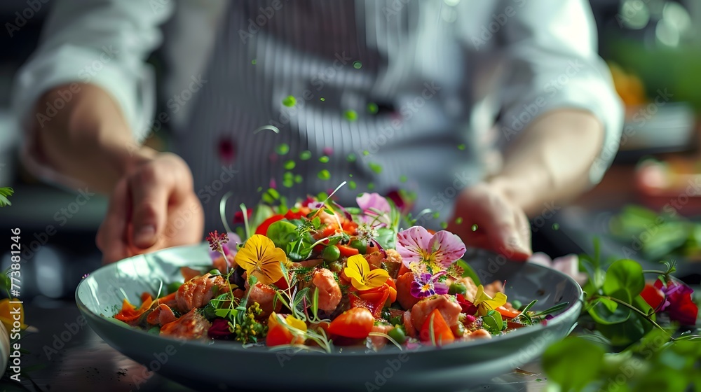 A skilled chef in professional attire is delicately garnishing a sophisticated dish with colorful edible flowers and greens.