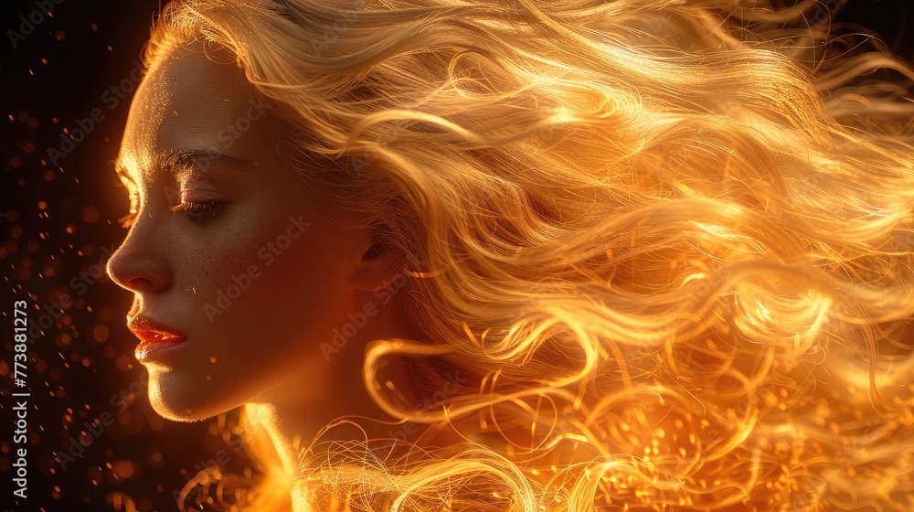 Radiant Woman with Sun-Kissed Golden Waves and Soft Features.