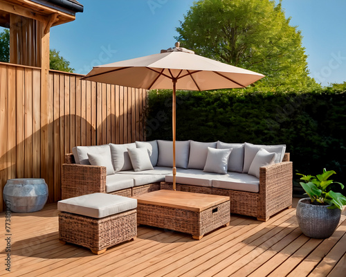 Rattan furniture on a terrace with wooden parquet photo