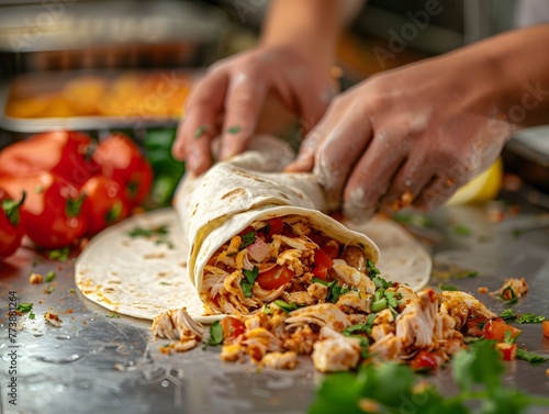 Ready for a flavorful meal, a close-up captures hands expertly wrapping a burrito filled with a variety of fresh ingredients.