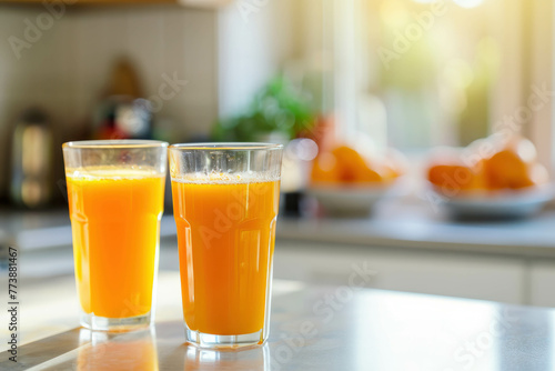 Kickstart your day with a healthy breakfast of sweet orange juice and drinking glasses on a white kitchen table. A refreshing and appetizing scene brought to life with AI generative photography. photo