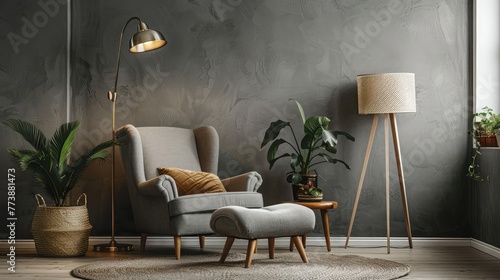 Interior of living room with armchair, footrest and lamp near grey wall photo