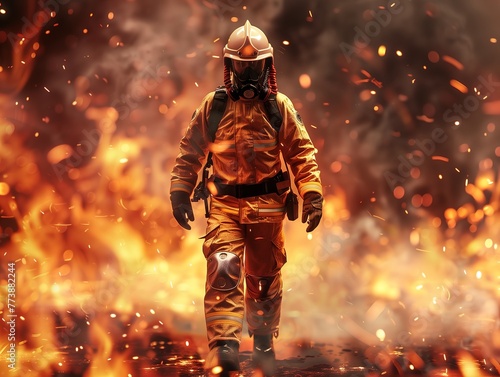 Firefighter in Full Gear Walking Through Field of Fire