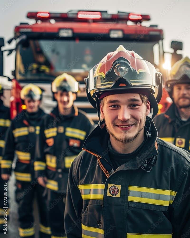 Group of German Firefighters Standing Together Group of German Firefighters Standing Together