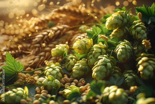 Fresh green hop cones on one half and ears on the other side, beer ingredients close up 