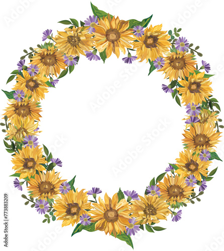 Sunflower wreath illustration on transparent background.