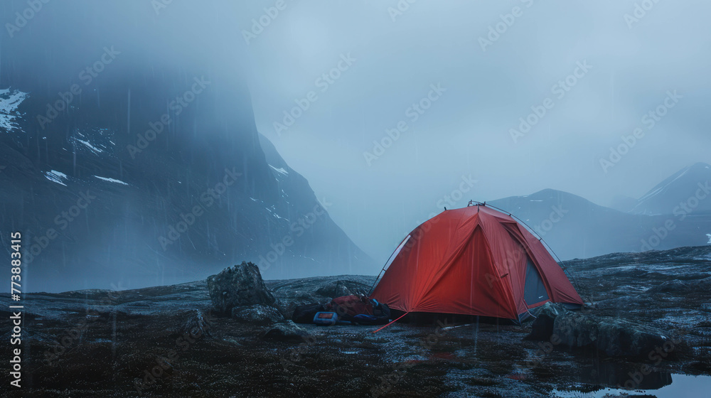 Red Hilleberg tent in misty arctic mountains, spooky atmosphere. AI generative.