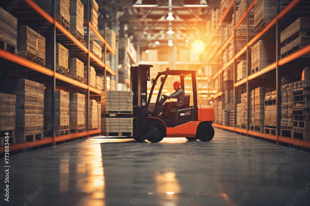 Dive into the heart of warehouse operations with a closeup view of a forklift lifting cargo. AI generative technology enhances the image's detail.