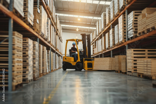 Dive into the heart of warehouse operations with a closeup view of a forklift lifting cargo. AI generative technology enhances the image's detail. photo