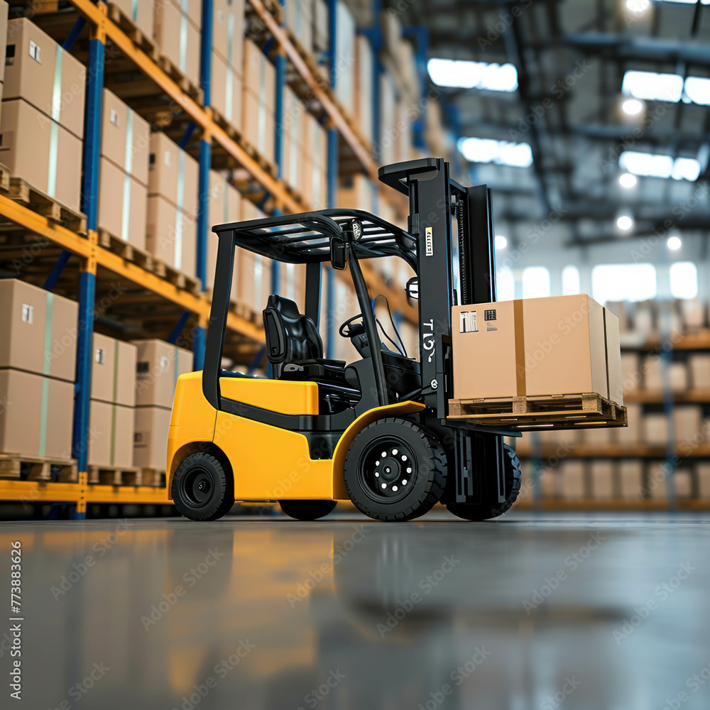 Witness the precision of a forklift lifting cargo box in a closeup warehouse view. AI generative technology enhances the image's realism.