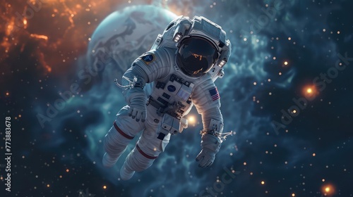 Illustration of Astronaut Floating In Space with Stars and Planets in Background