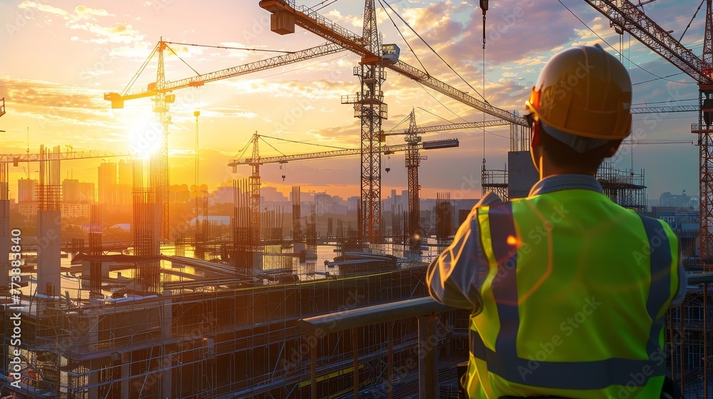 Construction workers and engineers working on high.Heavy industry and Safety at Work concept.