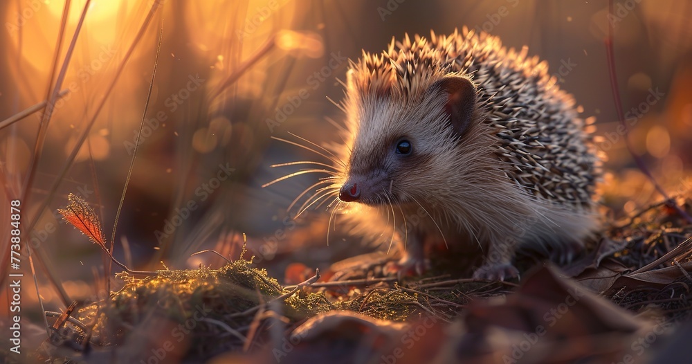 Hedgehog, quills texture, close-up, twilight, soft shadows, cozy, high contrast. Hedgehog, quills texture, close-up, twilight, soft shadows, cozy, high contrast.