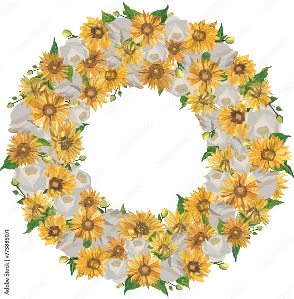 Sunflower wreath illustration on transparent background.
Sunflower wreath illustration on transparent background.