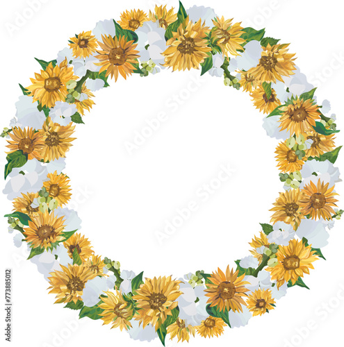 Sunflower wreath illustration on transparent background.
