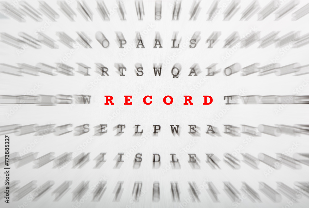 Fototapeta premium Word Record in crossword letters with motion focus effect