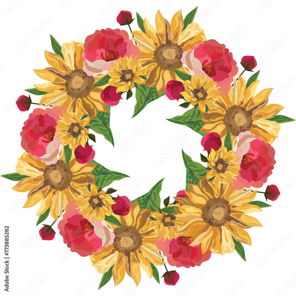 Sunflower wreath illustration on transparent background.
