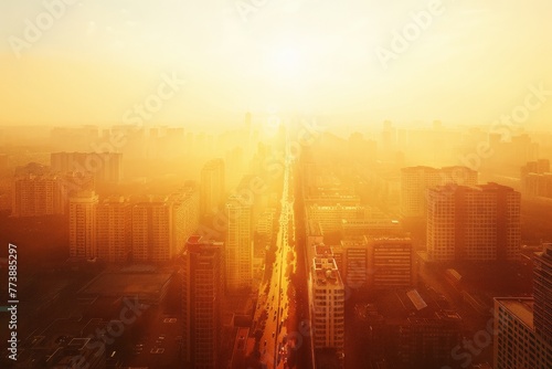 Sun blazing over urban landscape. Scorching heatwave affects city life