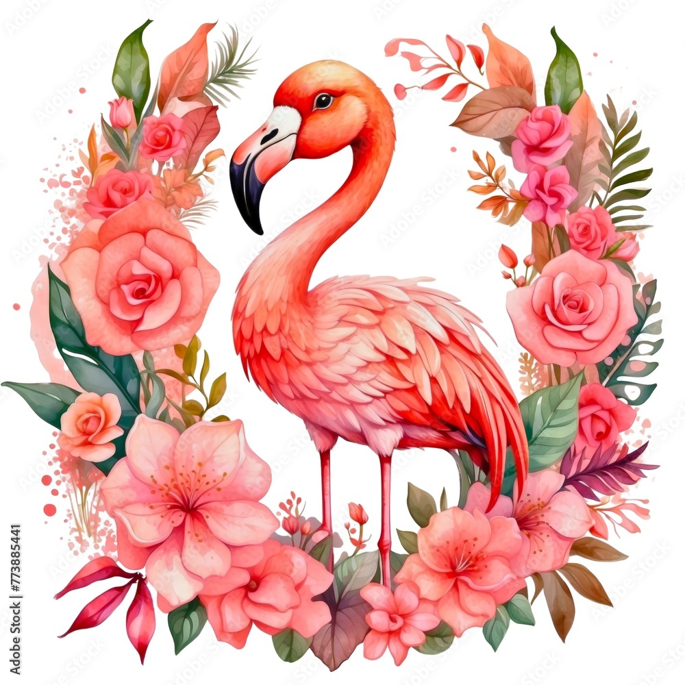 Obraz premium Watercolor illustration portrait of a cute adorable tropical pink flamingo bird animal with flowers on isolated white background. 