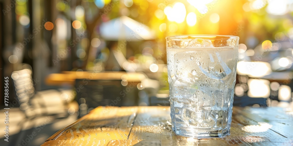 Glass of ice water in a sunlit outdoor cafe. Relief from the sweltering heatwave - obrazy, fototapety, plakaty 