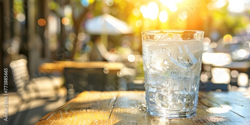 Glass of ice water in a sunlit outdoor cafe. Relief from the sweltering heatwave photo