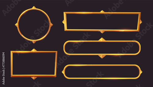 Set Golden fantasy frame menu, game inrerface panel isolated on dark background. Medieval border shiny golden decoration.