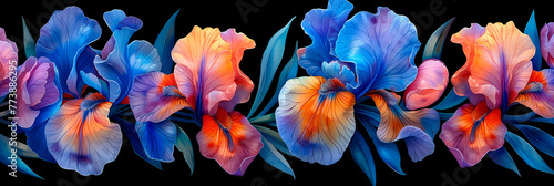 Watercolor collection of irises on a black background.