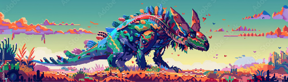 Pixel art rendition of a fantastical creature, a pixelated mix of familiar animals with vibrant colors and blocky charm.8K