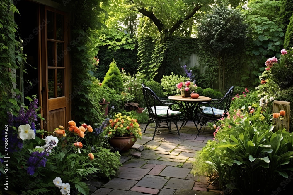 Blooming Plants and Lush Foliage: Charming English Garden Style Patios with Quaint Chairs