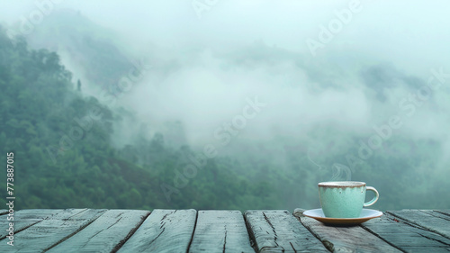Wooden table with mountain green fog coffee cup morning photo