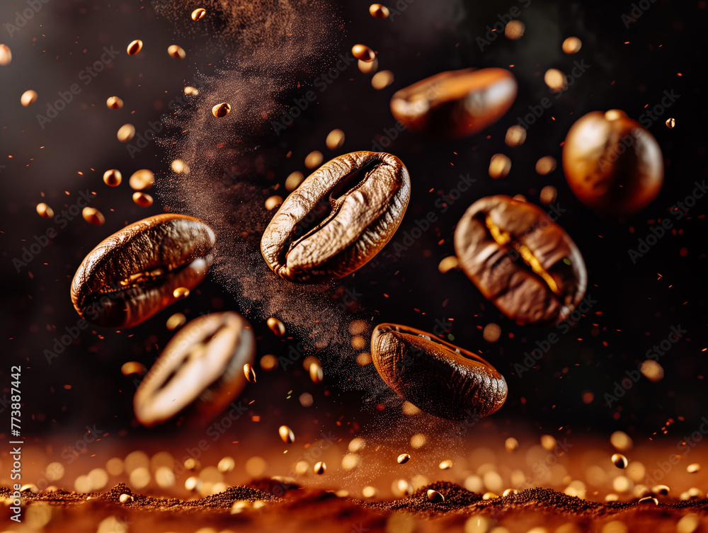 A close up of coffee beans in the air A close up of coffee beans in the air