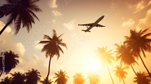 Airplane flying over palm trees at sunset Travel and vacation