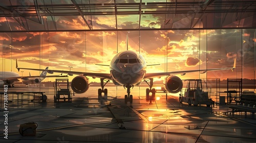 Airplane in the airport at sunset Travel and transportation concept