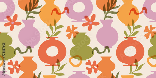 Abstract floral seamless pattern with decorative flowers and leaves in vase. Organic nature shapes background. Paper cut collage style. Modern vector design for fabric, textile, wallpaper, wrapping.
