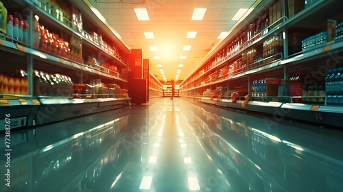 A supermarket aisle filled with shelves of food products.