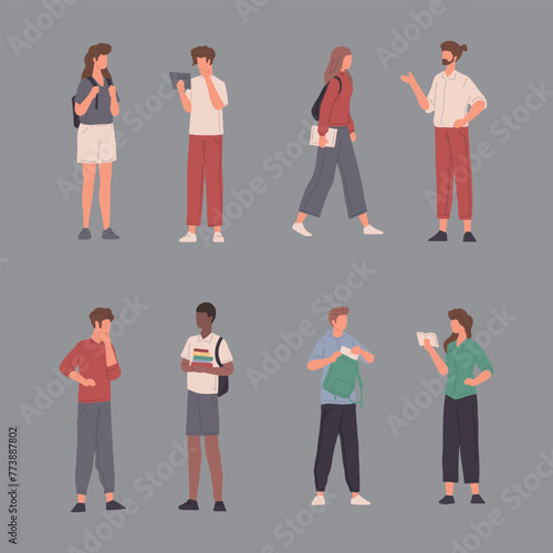 Various postures of characters in daily life, from relaxed resting states to active moments of movement