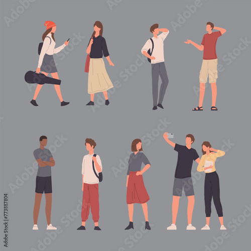 Various postures of characters in daily life, from relaxed resting states to active moments of movement
