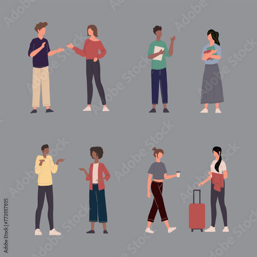 Various postures of characters in daily life, from relaxed resting states to active moments of movement