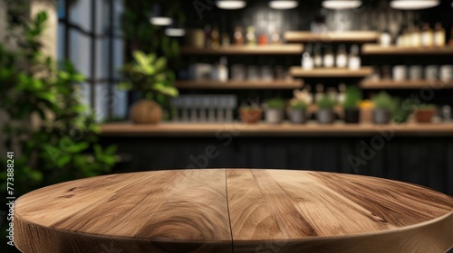 Empty Wooden Table for Mockup in Bright Kitchen Interior.