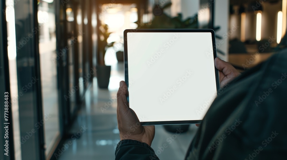 Male hands holding computer tablet with blank screen Male hands holding computer tablet with blank screen
