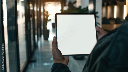 Male hands holding computer tablet with blank screen