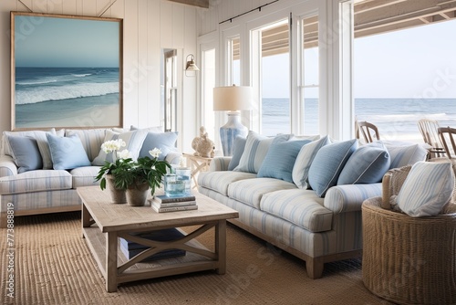 Beach House Decor: Coastal Cottage Living Room Ideas with Cozy Furniture and Nautical Accessories © Michael