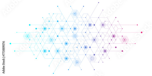 Technology abstract lines and dots connect background with hexagons. Hexagons connection digital data and big data concept. Hex digital data visualization. Vector illustration